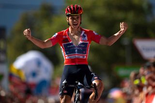 ALTO DEL PIORNAL SPAIN SEPTEMBER 08 Remco Evenepoel of Belgium and Team QuickStep Alpha Vinyl Red Leader Jersey celebrates winning during the 77th Tour of Spain 2022 Stage 18 a 192km stage from Trujillo to Alto del Piornal on September 08 2022 in Alto del Piornal Caceres Spain Photo by Justin SetterfieldGetty Images