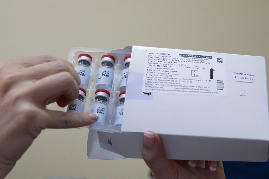 A container holding several Johnson &amp;amp; Johnson vaccines.