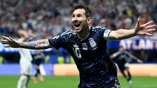 Lionel Messi celebrates Argentina's second goal by Lautaro Martinez during the FIFA World Cup 2026 Semi Final between England and Argentina at Atlanta Stadium on July 15, 2026 in Atlanta, Georgia