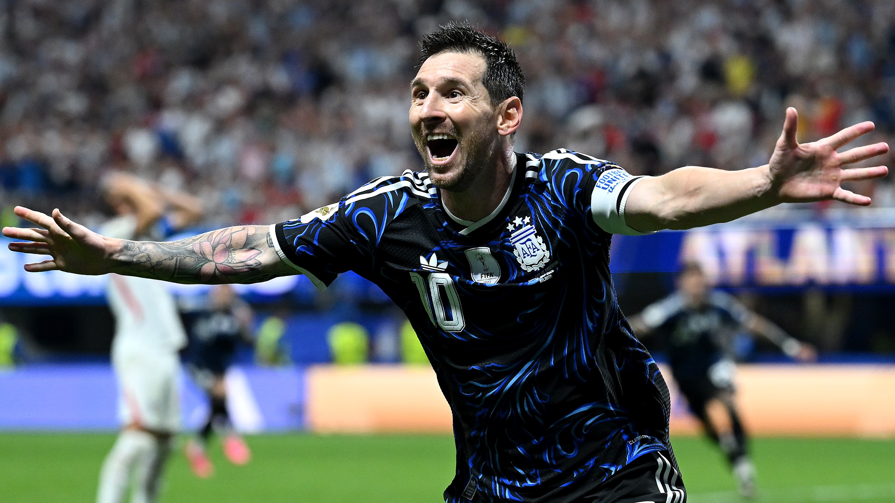 Lionel Messi celebrates Argentina's second goal by Lautaro Martinez during the FIFA World Cup 2026 Semi Final between England and Argentina at Atlanta Stadium on July 15, 2026 in Atlanta, Georgia