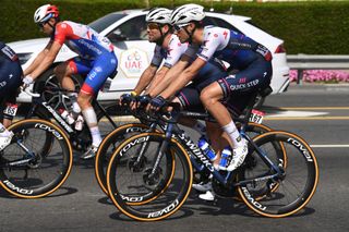 DUBAI UNITED ARAB EMIRATES FEBRUARY 25 LR Mark Cavendish of United Kingdom and Ethan Vernon of United Kingdom and Team QuickStep Alpha Vinyl compete during the 4th UAE Tour 2022 Stage 6 a 180km stage from Expo 2020 Dubai to Expo 2020 Dubai UAETour WorldTour on February 25 2022 in Dubai United Arab Emirates Photo by Tim de WaeleGetty Images