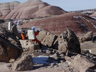 Challenging conditions are part of life near Utah's Mars Desert Research Station. From left, Crew 133 members Gordon Gartrelle, Matthieu Komorowski and Pedro Diaz-Rubin.