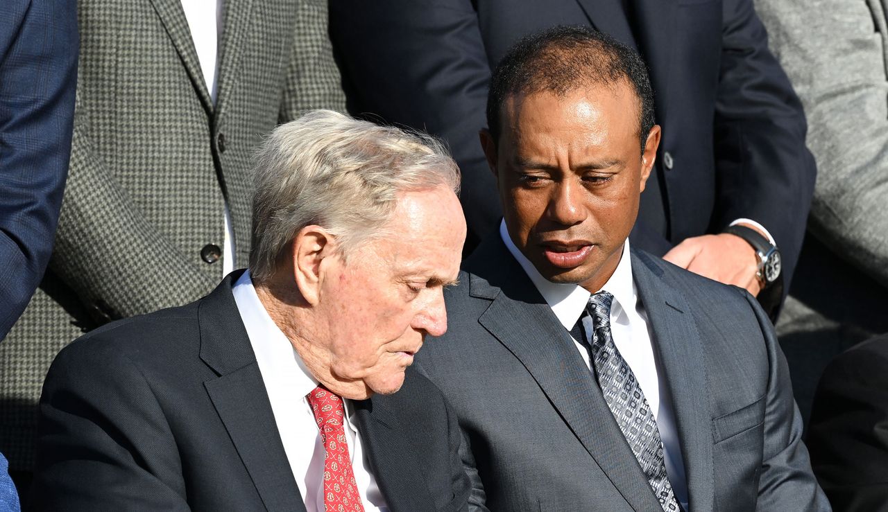 Jack Nicklaus and Tiger Woods chat at The 150th Open Championship