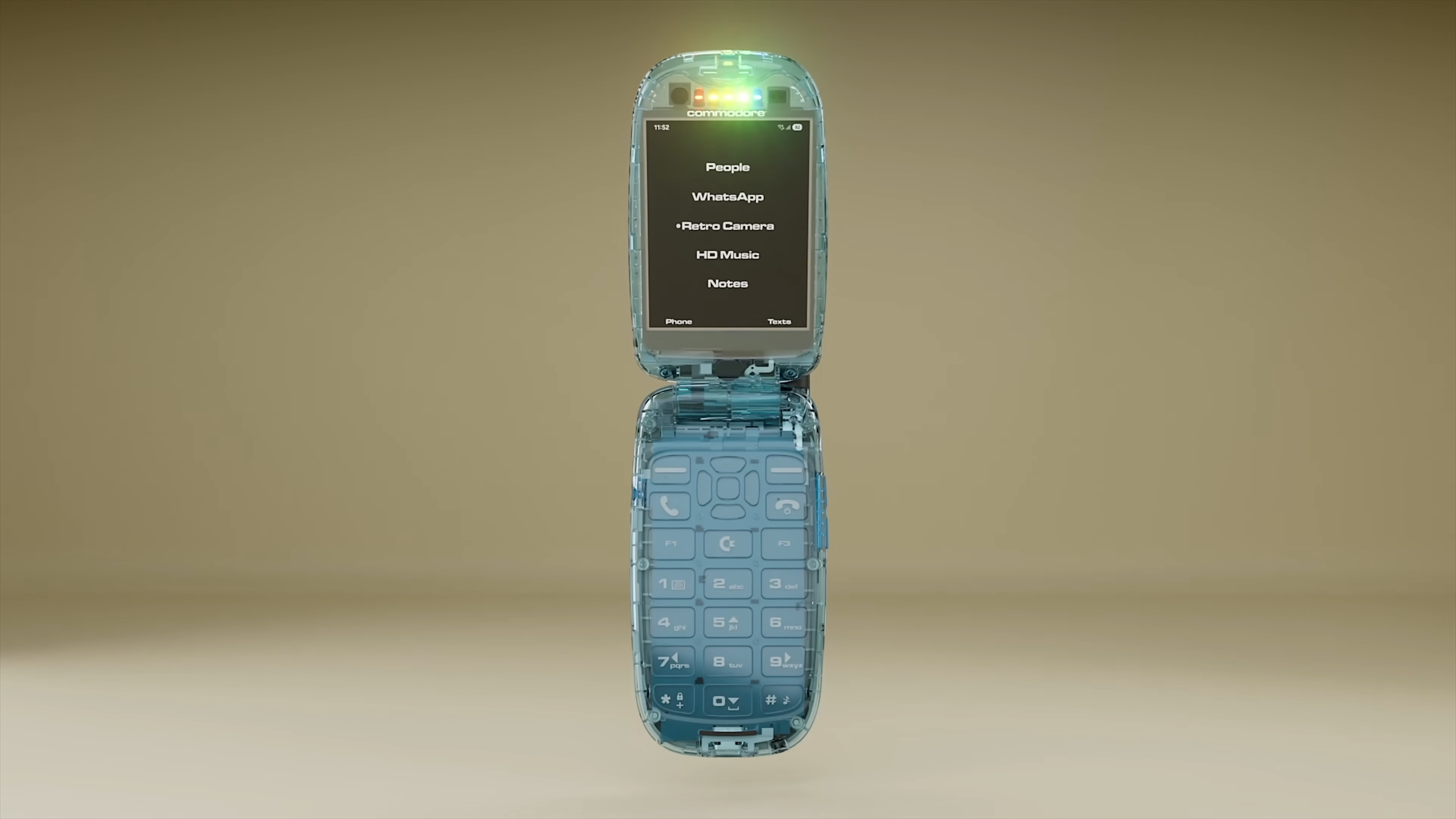 The Commodore Callback 8020 smart-ish flip phone is seen from various angles.