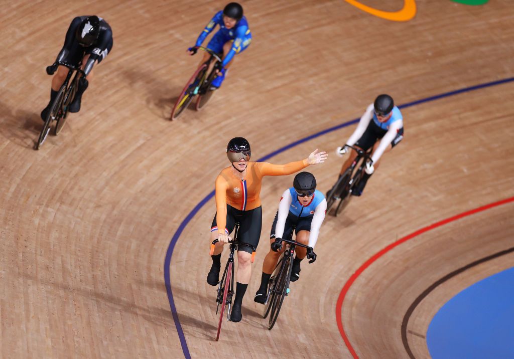IZU JAPAN AUGUST 05 Shanne Braspennincx of Team Netherlands reacts to winning a gold medal ahead of Lauriane Genest of Team Canada during the Womens Keirin final 16th place of the track cycling on day thirteen of the Tokyo 2020 Olympic Games at Izu Velodrome on August 05 2021 in Izu Japan Photo by Justin SetterfieldGetty Images