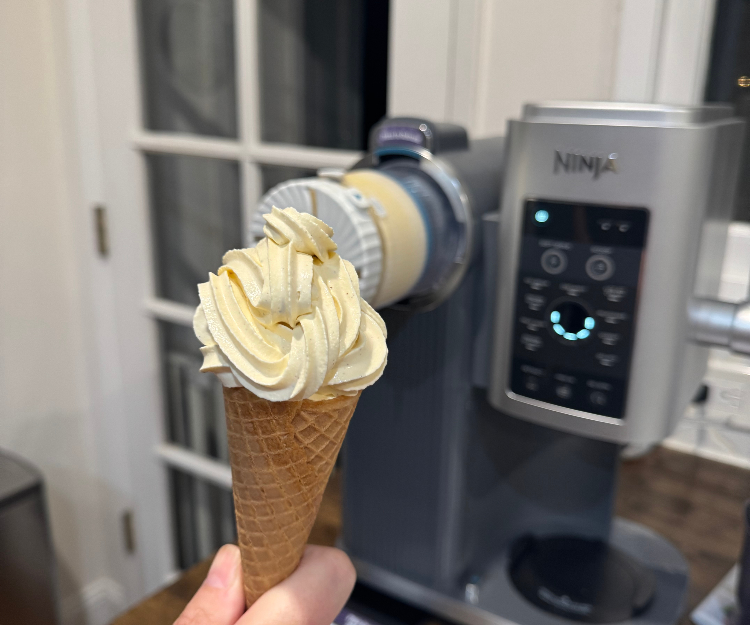 A vanilla soft-serve ice cream made in the Ninja Swirl