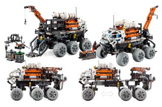 four photos of a six-wheeled lego rover, showing different angles