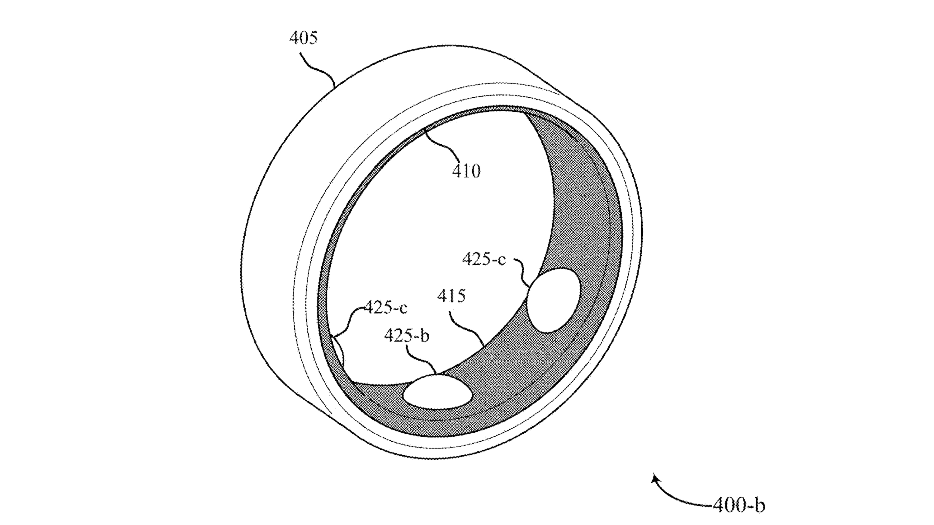 A patent figure showing an Oura Ring with deformable sensor lumps designed to poke into your finger and assure a good fit.