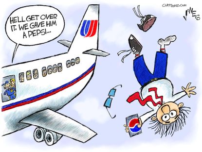 Editorial Cartoon U.S. United airlines overbooked flight passenger Pepsi commercial