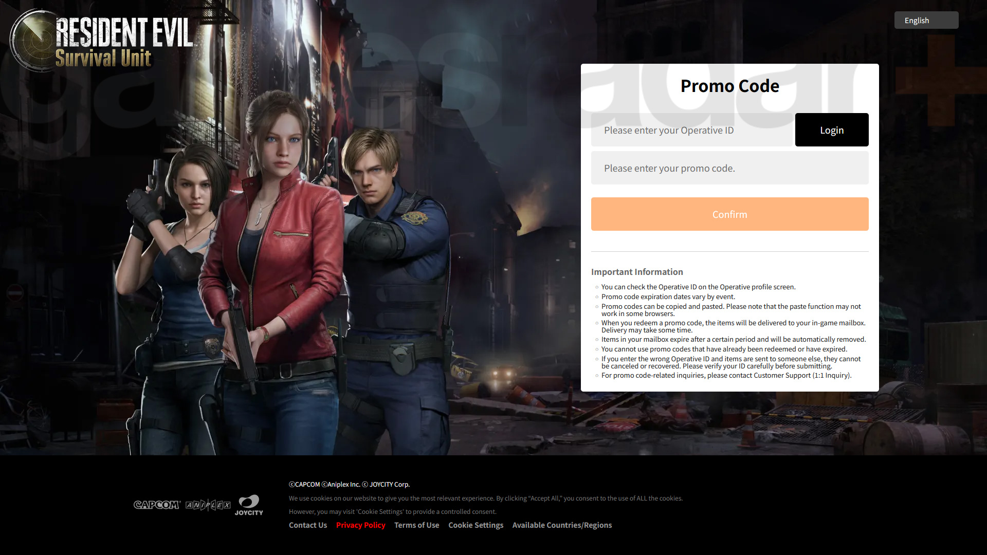 Redeeming Resident Evil Survival Unit codes online via the website