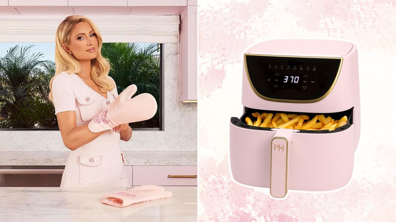 We love the Paris Hilton Air Fryer. Here is the influencer with blonde hair wearing a pink dress and oven mitt, with a graphic of the pink air fryer on a white and pink background to the right