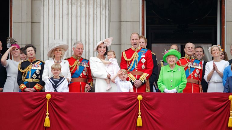 British royal family watch the flypast from the balcony of Buckingham Palace during Trooping the Colour, this year marking the Queen's 90th birthday on June 11, 2016 in London, England. The ceremony is Queen Elizabeth II's annual birthday parade and dates back to the time of Charles II in the 17th Century when the Colours of a regiment were used as a rallying point in battle. 