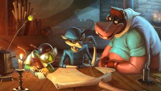 Sly Cooper and his crew sitting around a tablet planning a heist