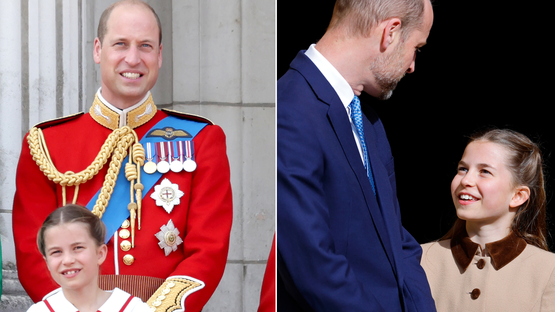 Princess Charlotte wears a two-tone brown coat dress and gazes up at dad Prince William while smiling, she has long brown hair, while her dad wears a navy suit and is balding