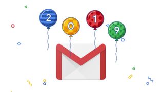 Gmail logo with balloons that read 2019 floating around it
