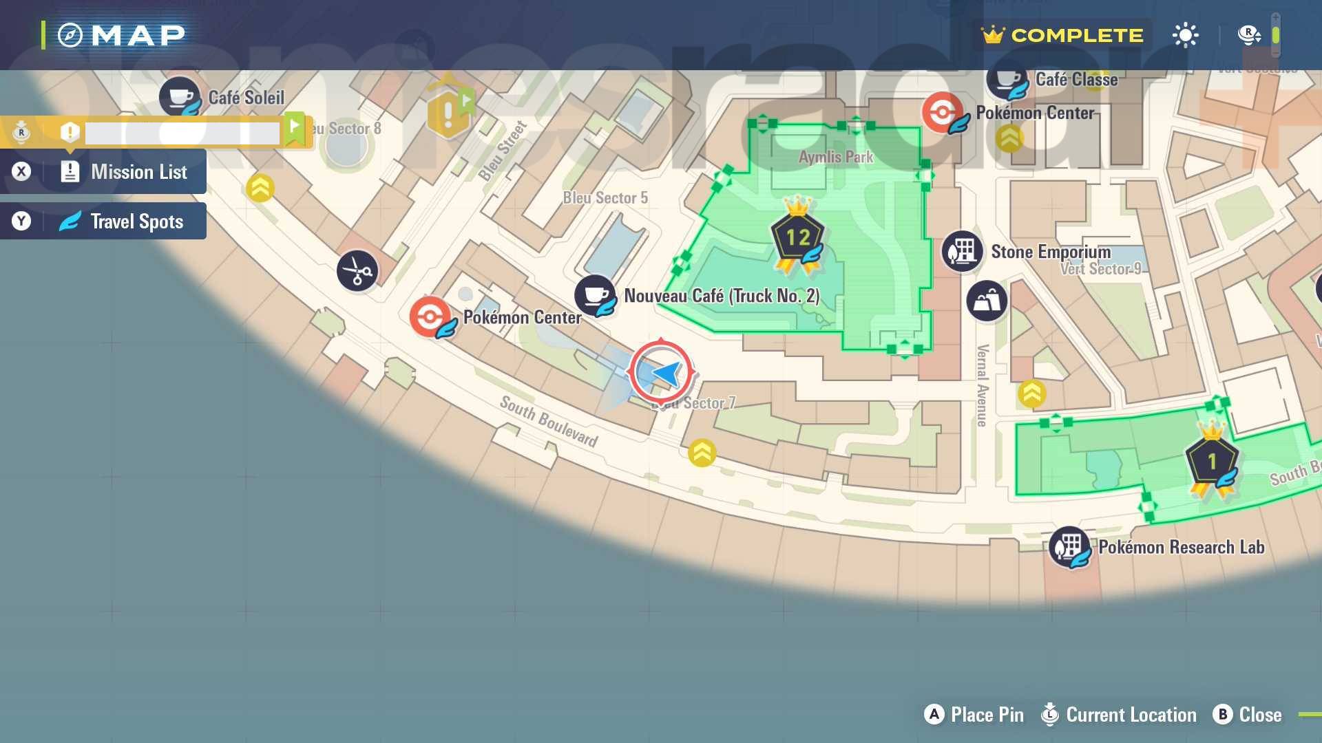 Pokemon Legends: Z-A map screenshot shows the location of Eevee in Vert Sector 7.