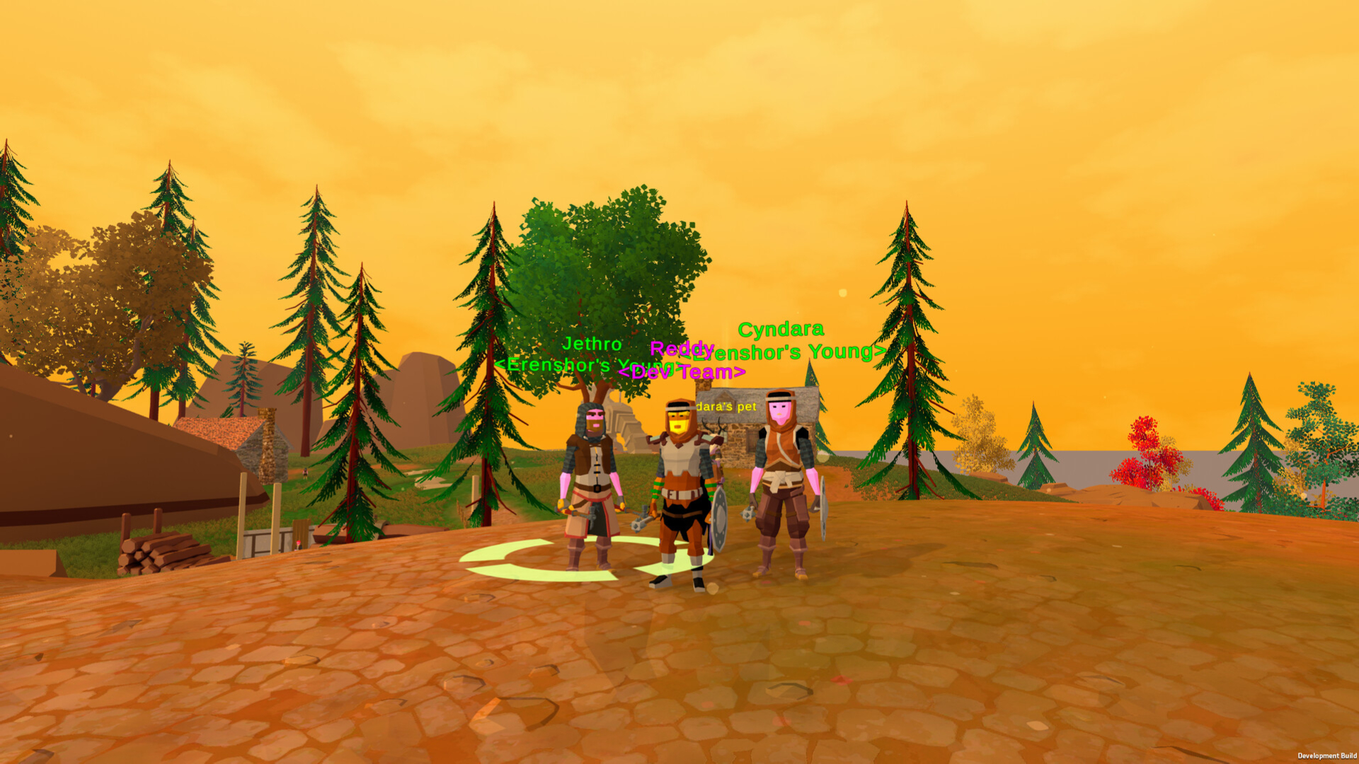 An Erenshor player character standing with a pair of cleric-themed simulated players.