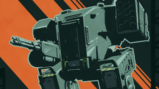A propaganda poster of a giant mech from Helldivers 2, stood powerfully among a stark orange-and-black background.