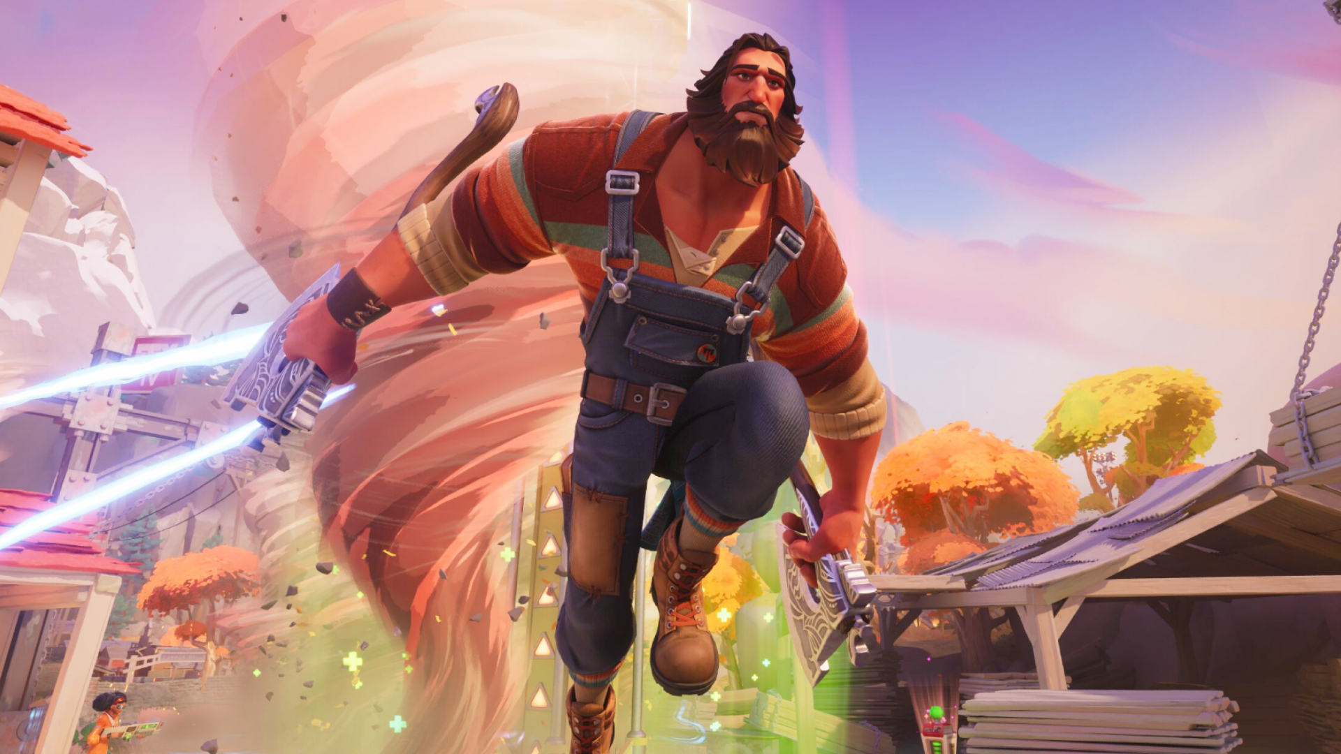 A lumberjack character from Last Flag leaping towards the camera, with a tornado chasing him.