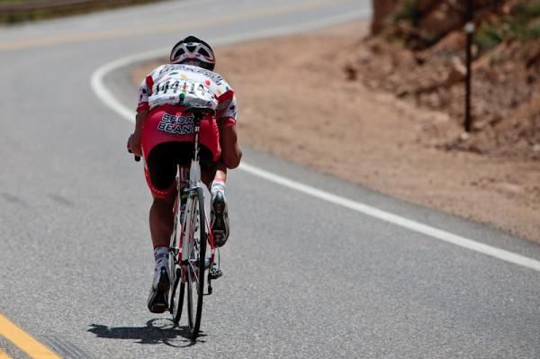 William Dickeson (Jelly Belly) getting as aero as he can on the descent.