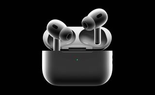 Apple AirPods Pro in a rounded container with the lid open..