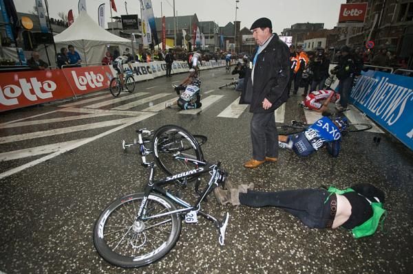Carnage after the finish line, where there was a crash.