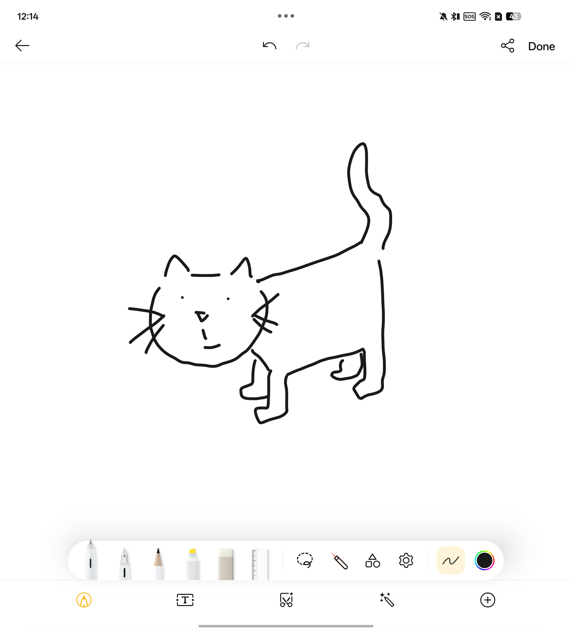 A screenshot of a digital drawing app on a mobile device. A simple, hand-drawn black ink sketch of a cartoon cat is shown on a white canvas. The cat is standing with a long upright tail and simple facial features. A digital toolbar with various pens, markers, and an eraser is visible at the bottom of the screen.