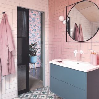 pink bathroom with floating vanity unit