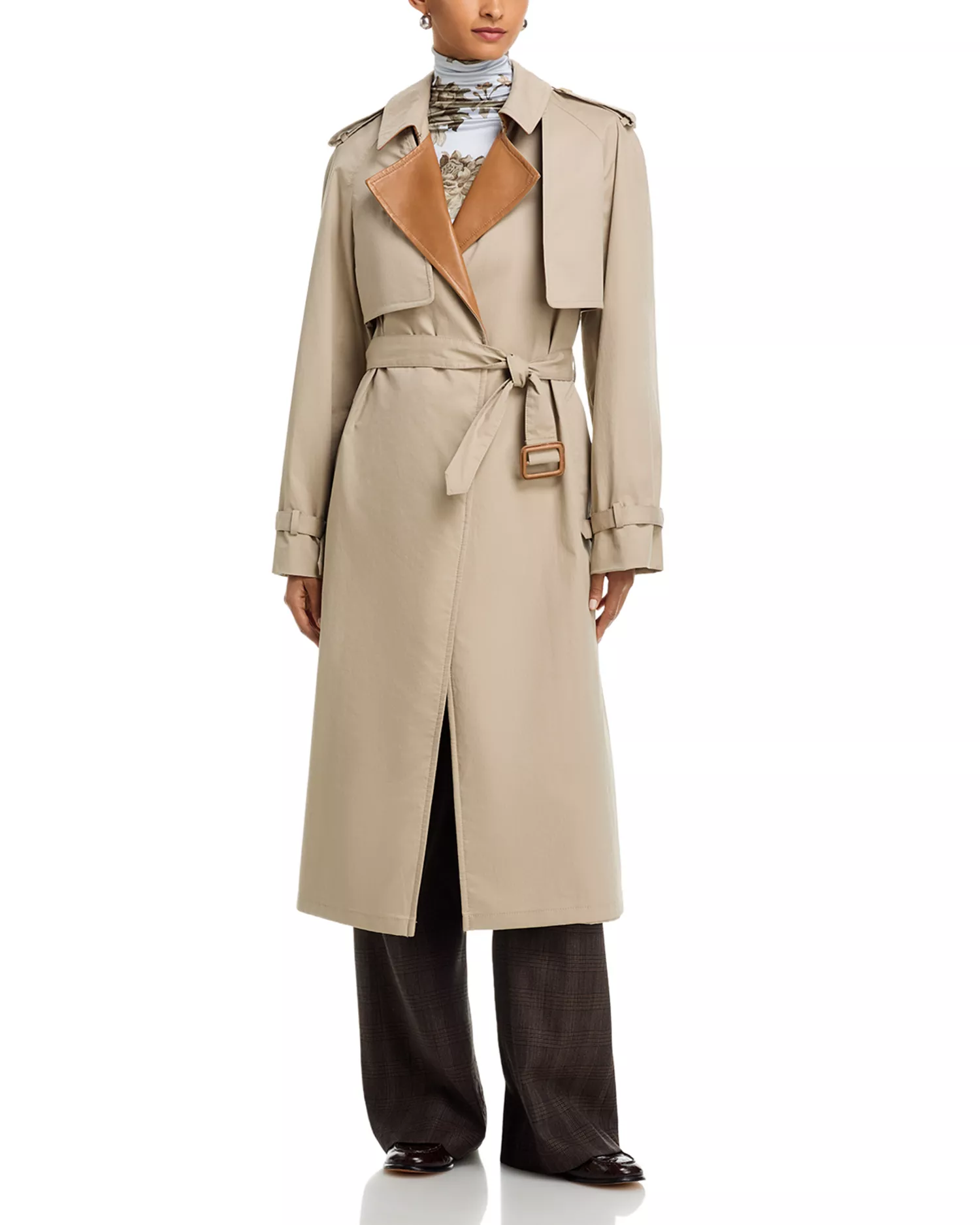 Belted Leather Lapel Trench Coat