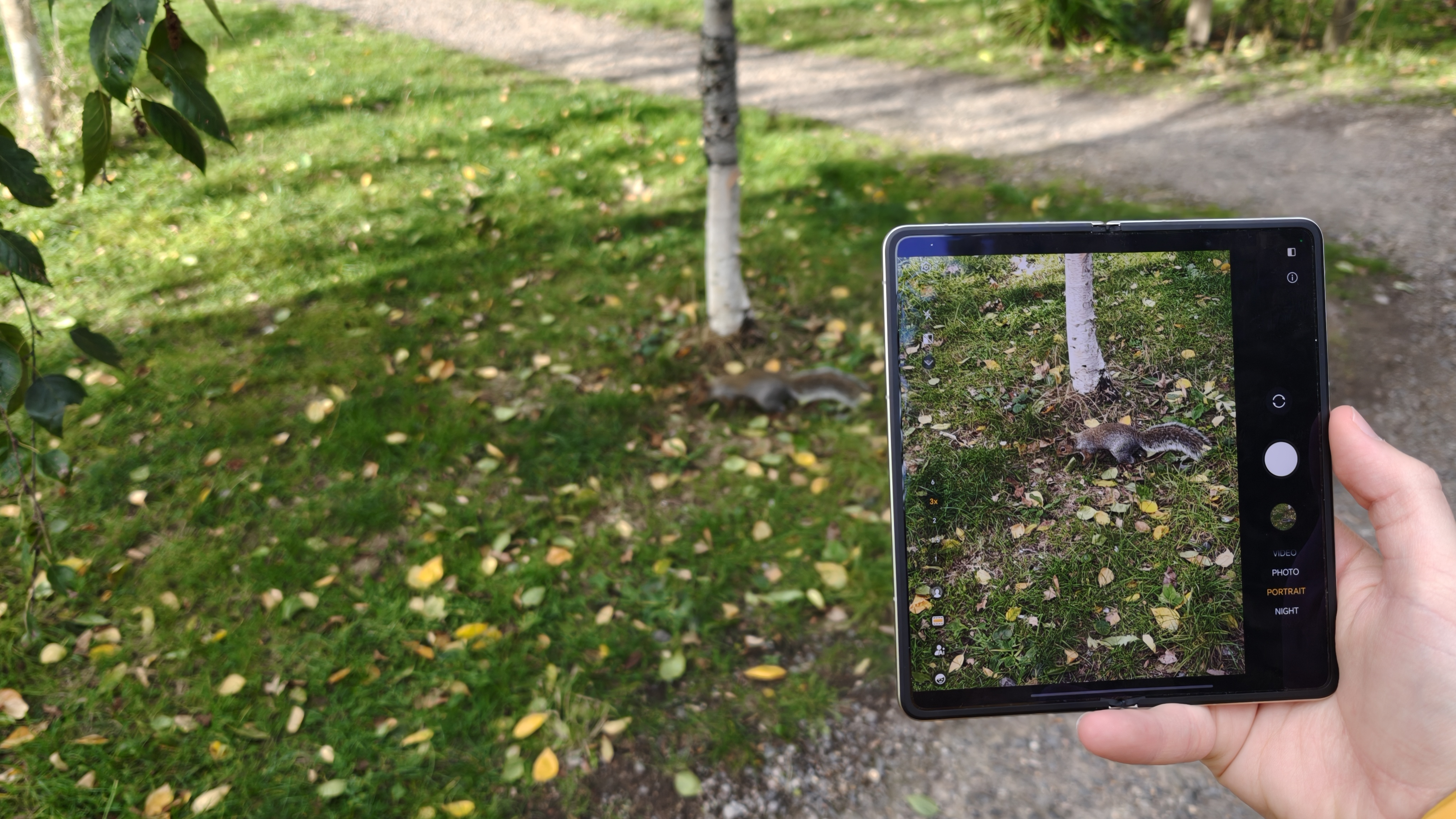 The Honor Magic V5 unfolded with the camera app open