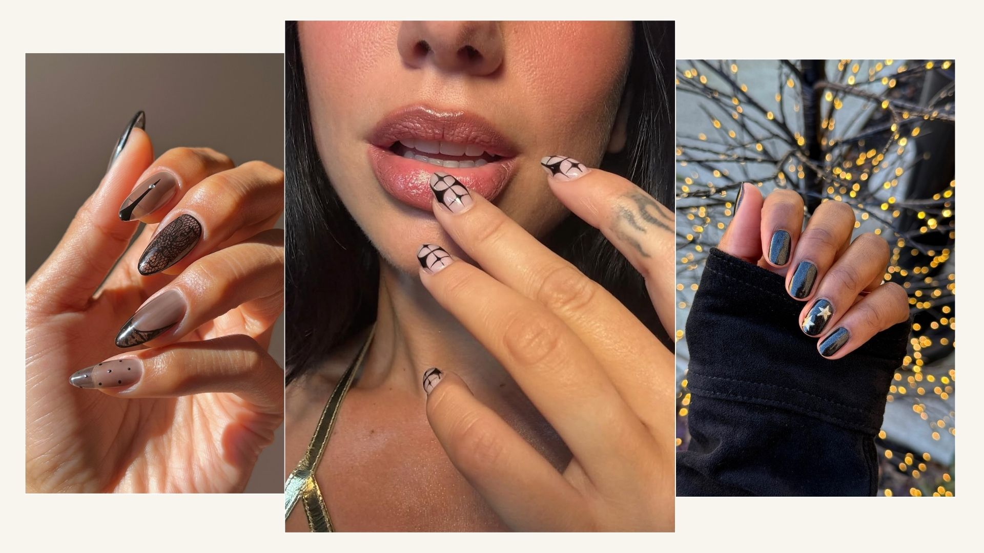 A collage with three black nail art designs, including sheer black nails, black stars and gold star accents on black polish