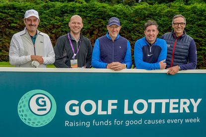 Golf Lottery winner Jonathan Roberts (second left) pictured with (from left to right) Jean van de Velde, Legends Tour majority owner Ryan Howsam, ex-footballer Robbie Fowler and Golf Lottery MD Keith Mitchell