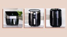 A composite image of three of the best air fryer deals, on a white background with pink graphics.