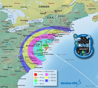 Visibility map for the planned Nov. 11, 2017, launch of Orbital ATK’s Cygnus cargo spacecraft.