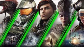 Master Chief, Kait Diaz and several other video game characters lined up on an Xbox Game Pass poster
