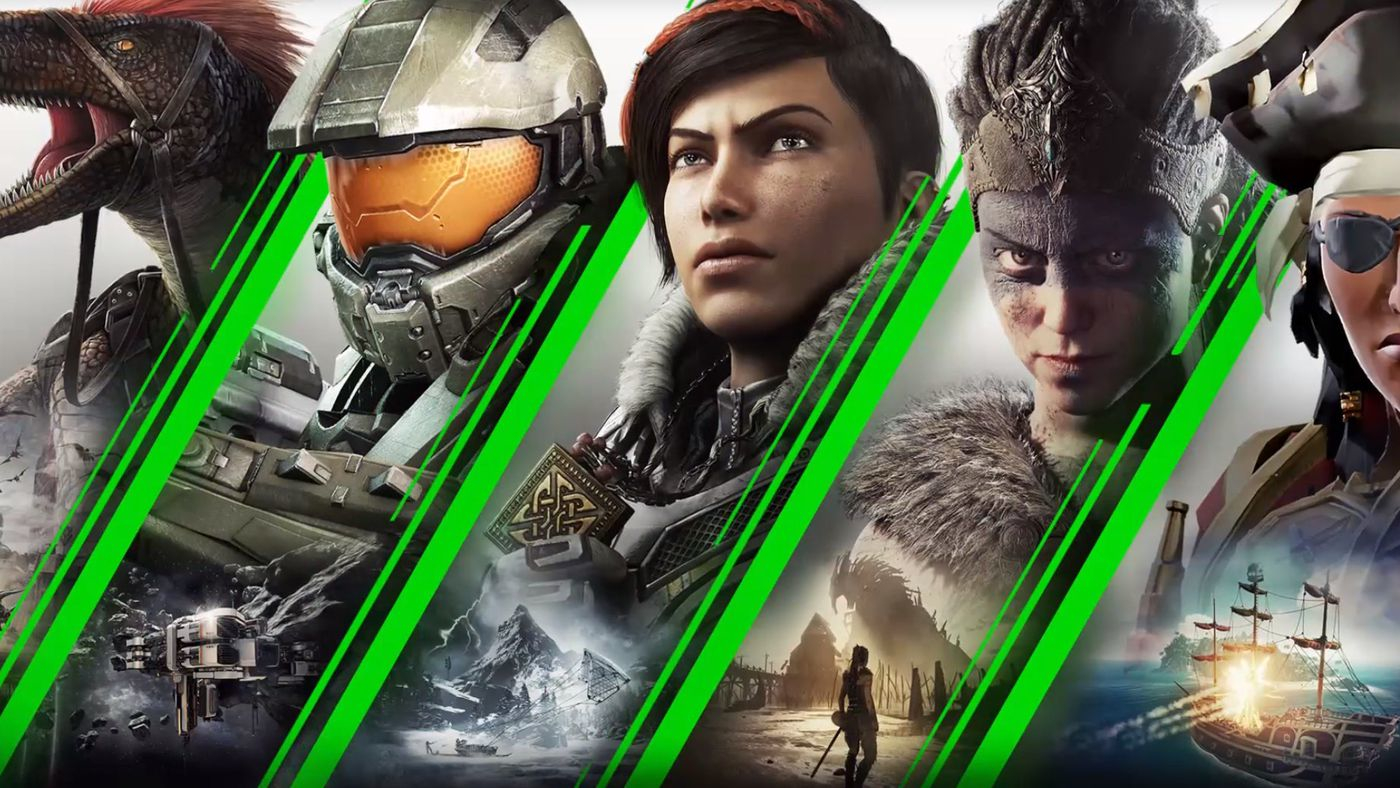 Master Chief, Kait Diaz, dan beberapa karakter video game lainnya berbaris di poster Xbox Game Pass