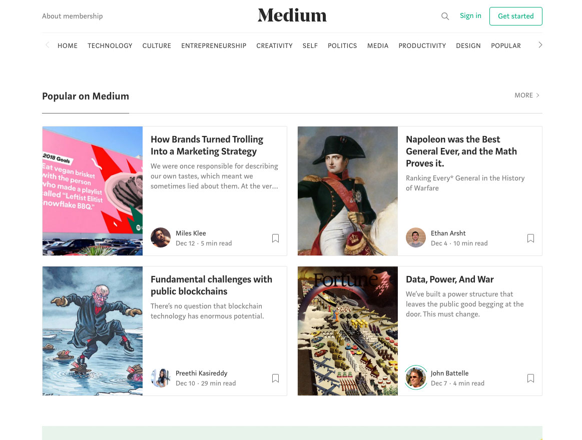 Screenshot of the Medium website