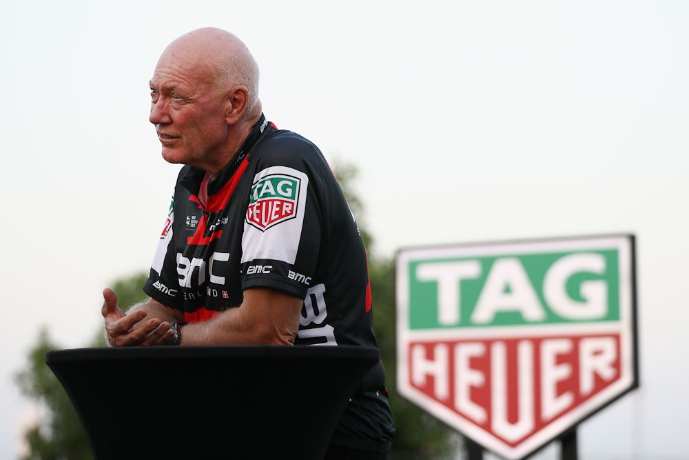 Jean-Claude Biver, TAG Heuer CEO, is interviewed prior to a press conference to announce Tag Heuer as a new sponsor of the BMC Cycling team