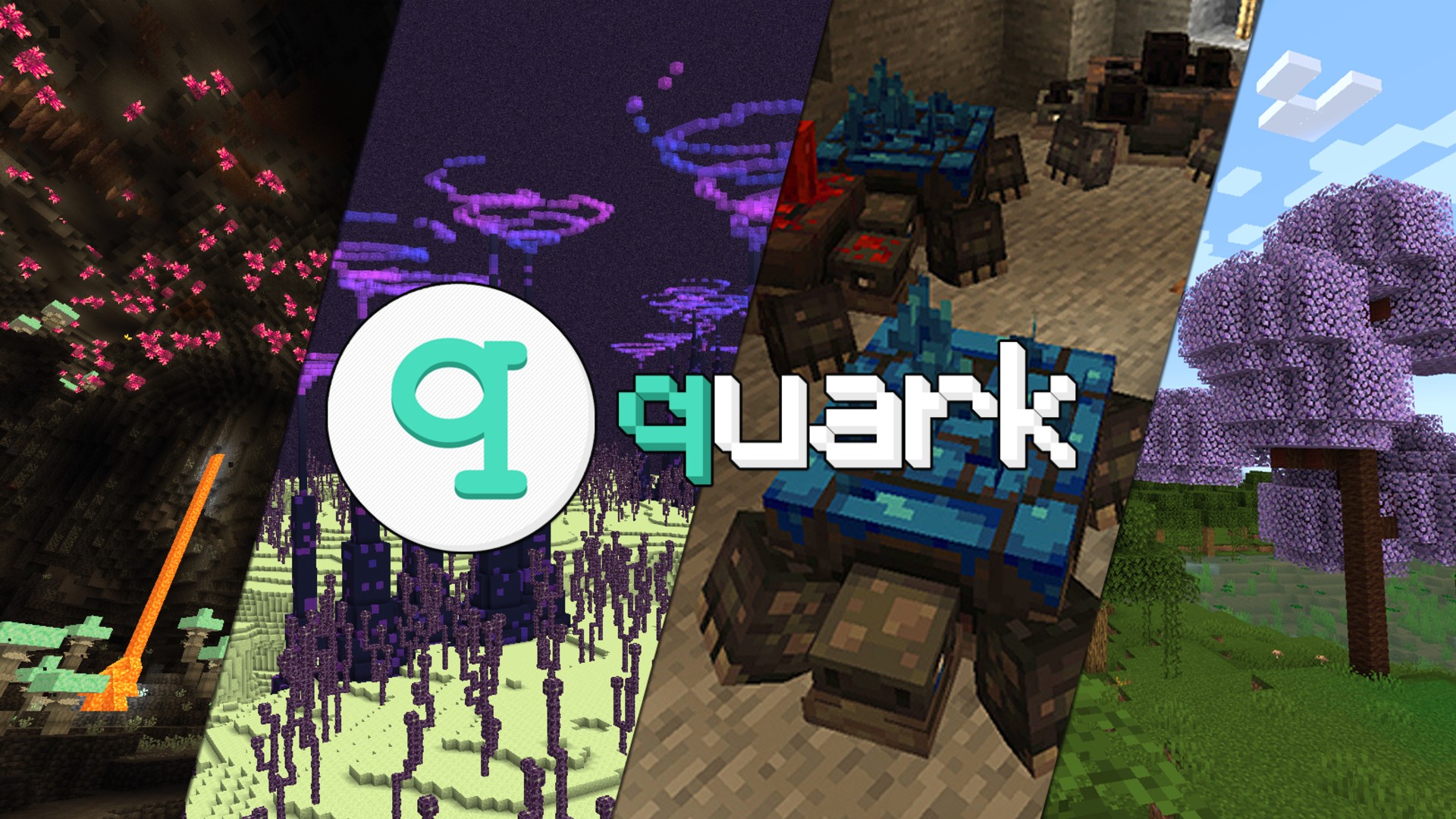 A promotional image featuring four unique biomes from the Quark Minecraft modpack.