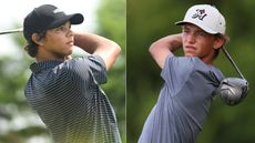 Charlie Woods hits an iron shot, Miles Russell hits a driver off the tee