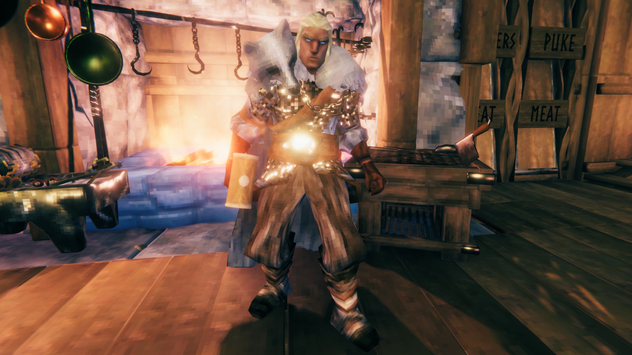 Valheim -An adventurer wearing ashining gold armor and a wolf pelt