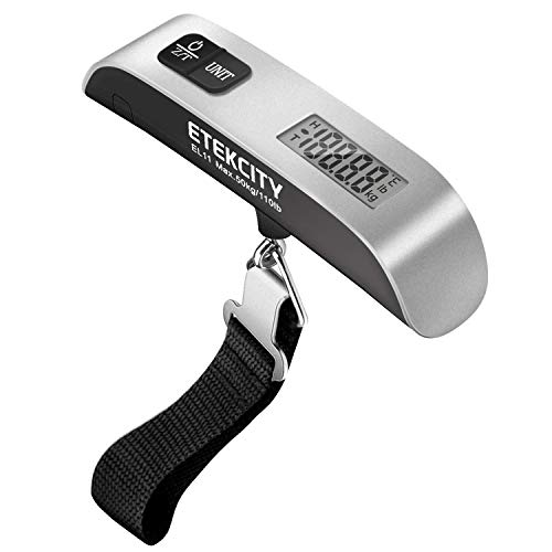 Etekcity Luggage Scale, Travel Essentials, Digital Suitcase Weight Scales for Travel Accessories, Hanging Baggage Scale With Hook, 110 Pounds, Battery Included, Silver