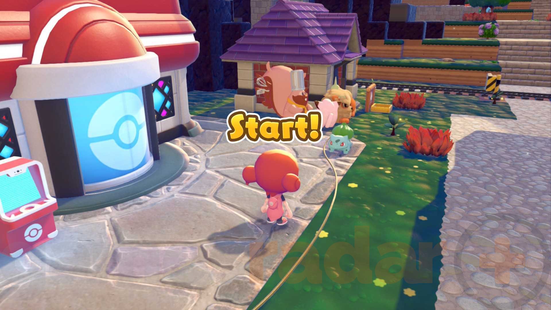 Ditto plays jump rope with Bulbasaur in a Pokopia event