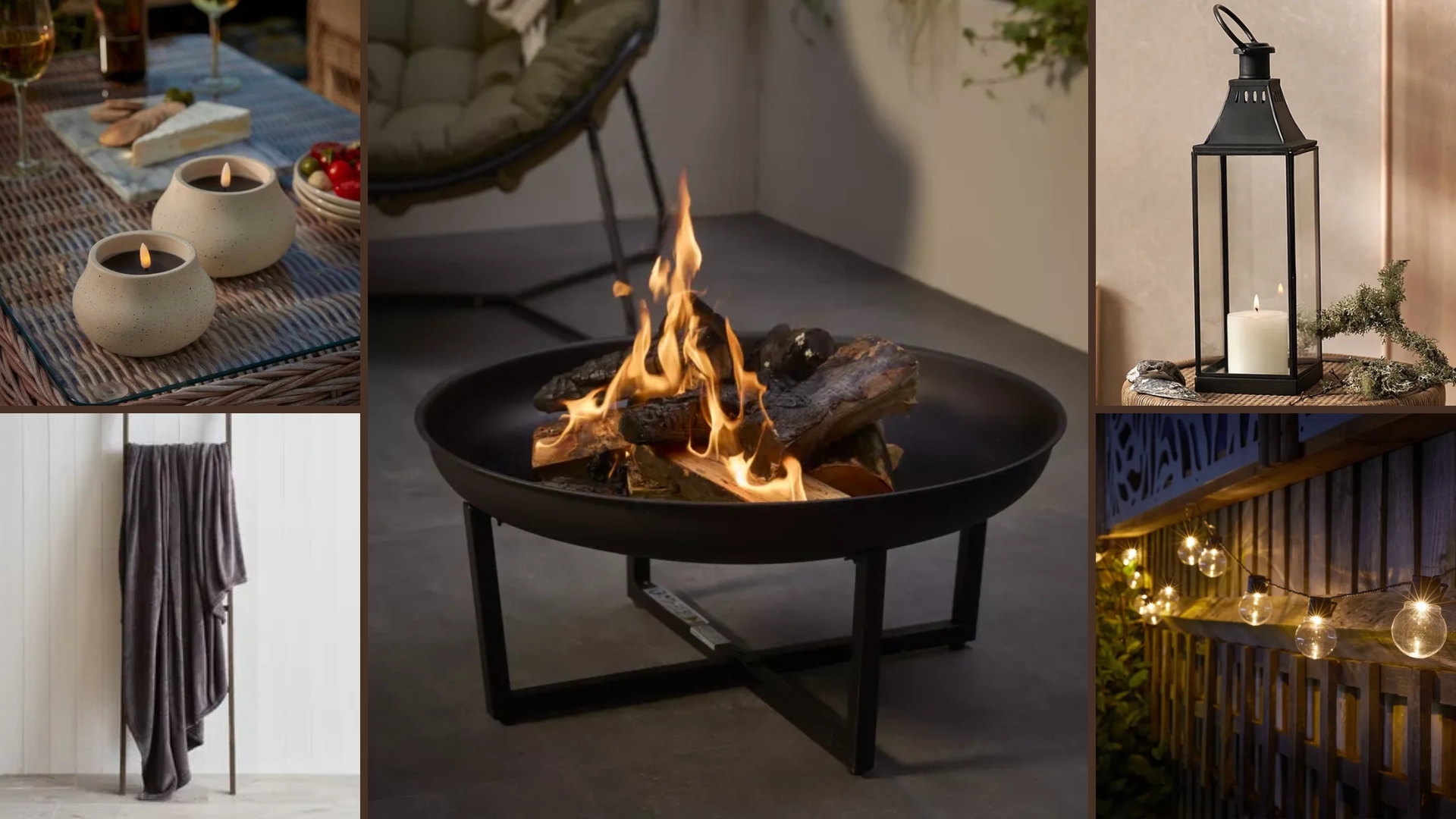Five pieces that will upgrade your garden for the season, including LED candles, a cosy throw, a firepit, LED bulbs, and a lantern