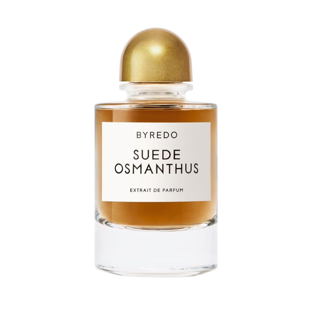 A product shot of the Byredo Suede Osmanthus Extrait de Parfum, on a white background