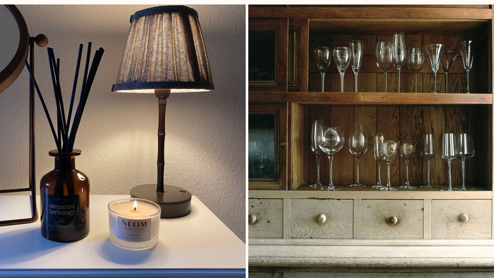 split image of a neom candle on a console table and a dresser filled with a selection of glasses