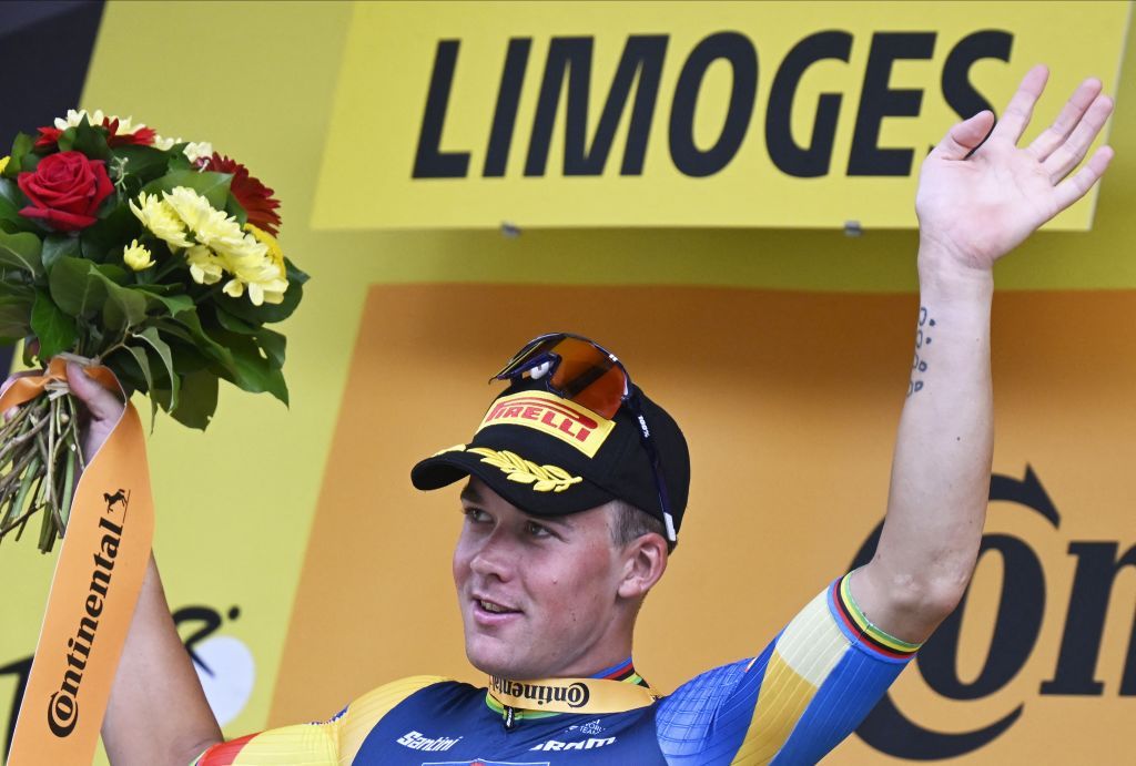 Danish Mads Pedersen of LidlTrek celebrates on the podium after winning stage 8 of the Tour de France cycling race a 2007 km race from Libourne to Limoges France Saturday 08 July 2023 This years Tour de France takes place from 01 to 23 July 2023 BELGA PHOTO DIRK WAEM Photo by DIRK WAEM BELGA MAG Belga via AFP Photo by DIRK WAEMBELGA MAGAFP via Getty Images
