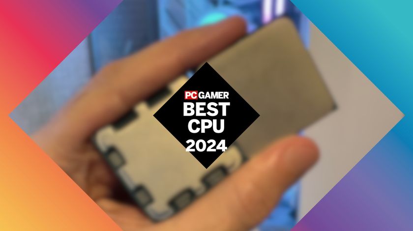 An image of a hand holding two processors, with a colorful border and a PC Gamer Best CPU 2024 logo in the center