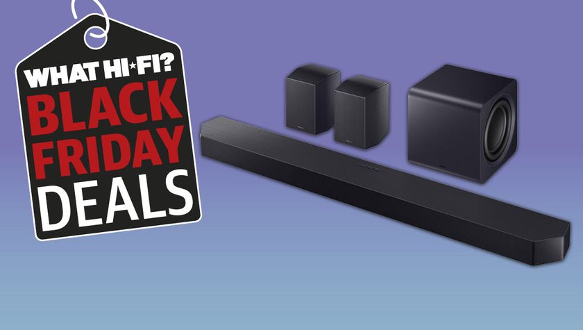 Samsung Q990F soundbar on a purple background