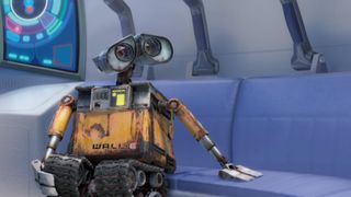 The main Robot, Wall-E from the movie "Wall-E" is sitting down